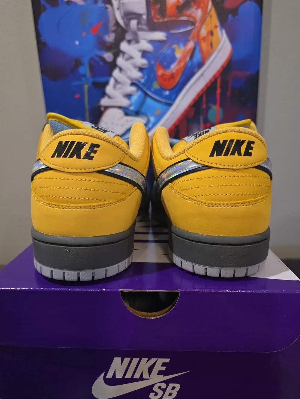 Nike SB Dunk Low Yellow and Light Blue with Holographic Swoosh